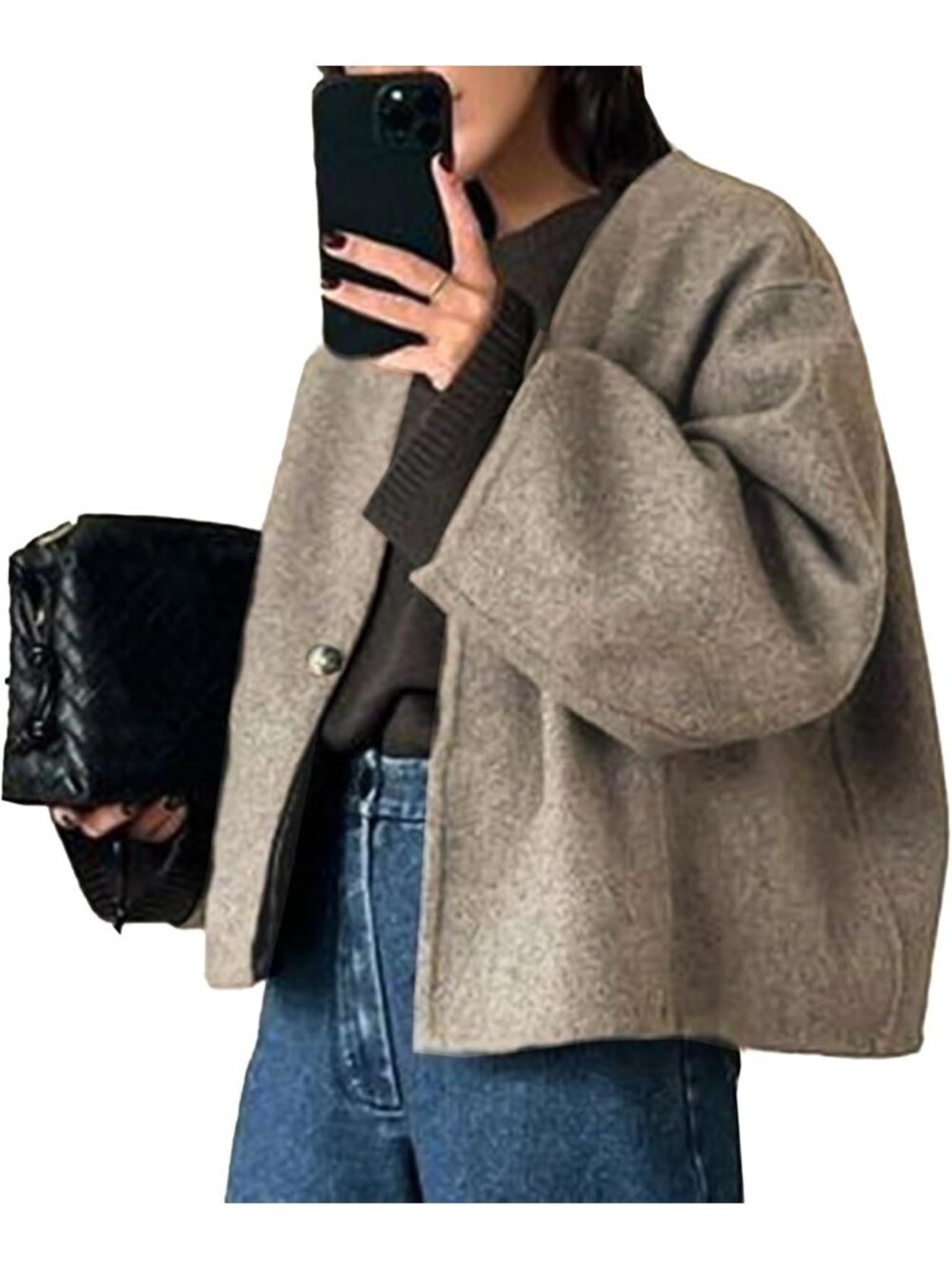 Women's Khaki Wool Blend Cropped Collarless Long Sleeve Short Fall Pea Overcoat